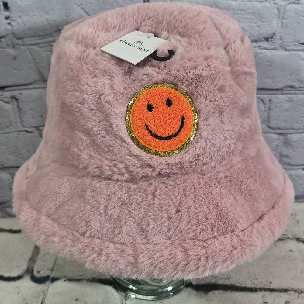 Retro Y2K Faux Fur Bucket Hat Dusty‎ Rose Smiley Face One Size Clover Skye New